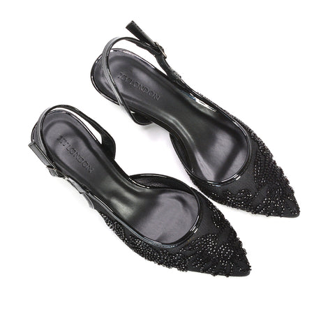 black embroidered bridal shoes, black slingback kitten heels, black comfortable embroidered heels, black pointed toe slingback pumps