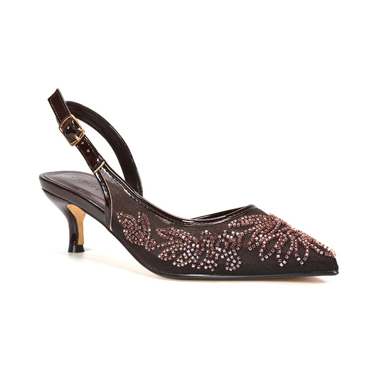 brown floral embroidered slingback heels, brown low heel slingback shoes, brown pointed toe dress heels, brown embroidered dress shoes for women