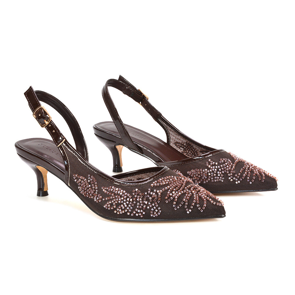 brown slingback heels for weddings, brown embroidered formal heels, brown pointed toe slingback pumps, brown comfortable kitten heels