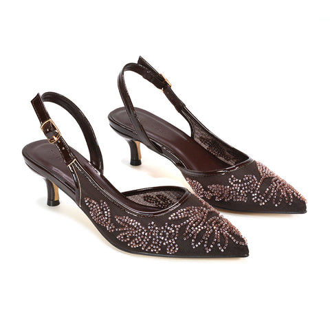 brown comfortable dress heels, brown pointed toe formal shoes, brown embroidered slingback pumps, brown dressy low heel shoes