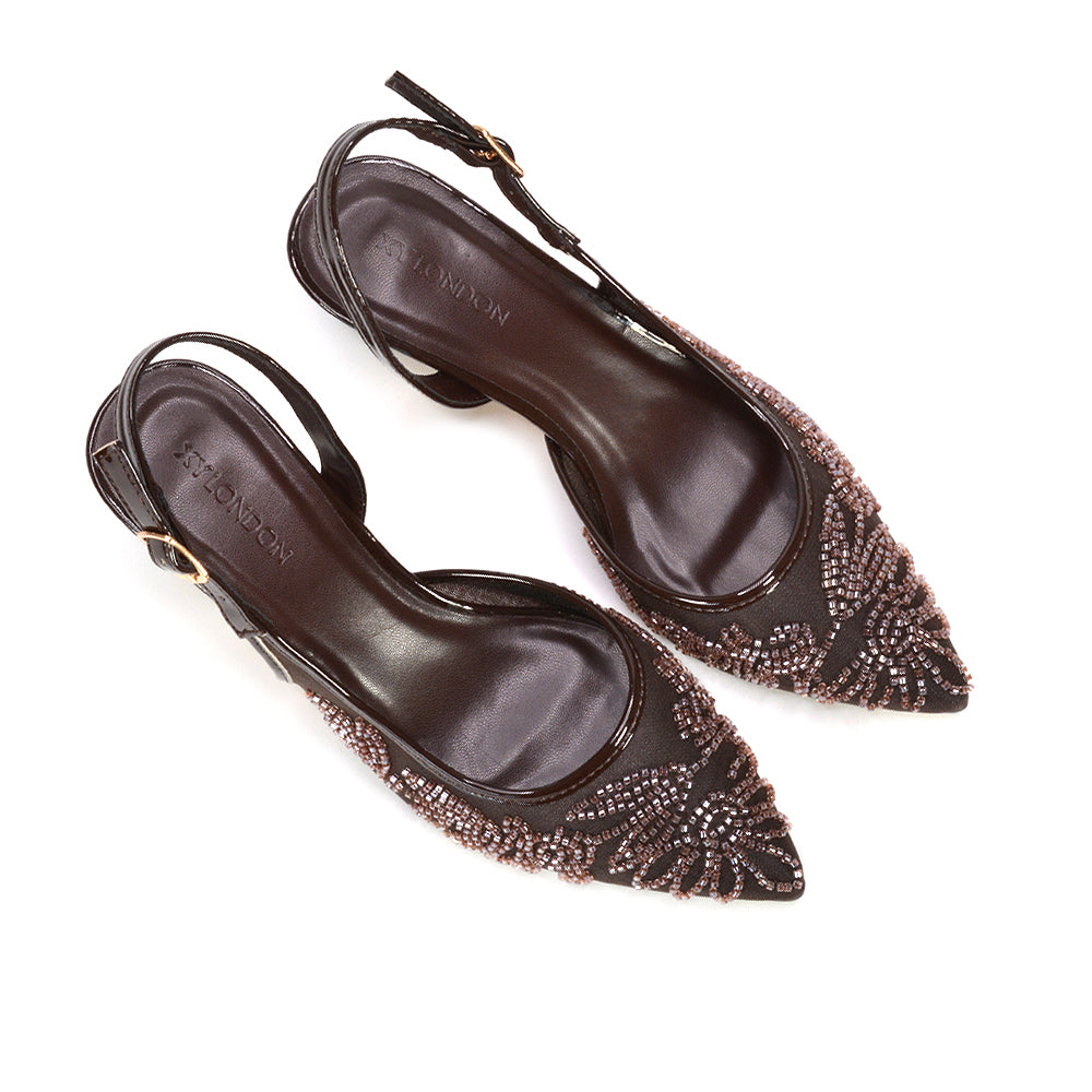 brown kitten heel slingback shoes, brown embroidered women's heels, brown floral dress shoes