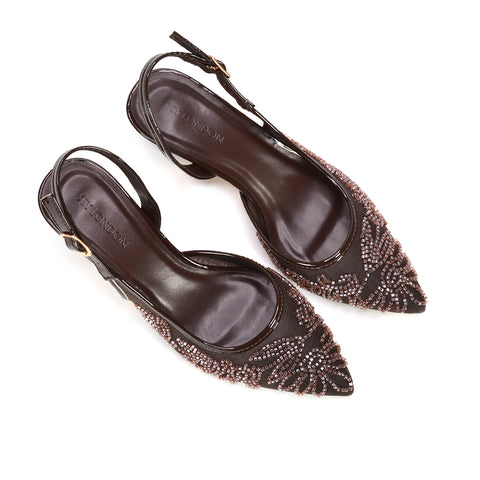 brown kitten heel slingback shoes, brown embroidered women's heels, brown floral dress shoes