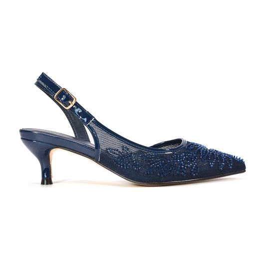 navy pointed toe slingback kitten heels with embroidery, navy embroidered pointed toe slingback heel, navy slingback kitten heels for women, navy pointed toe embroidered pumps