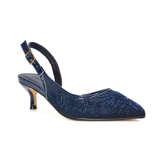 navy embroidered slingback shoes for women, navy kitten heel dress shoes, navy pointed toe low heel pumps, navy floral embroidered heels