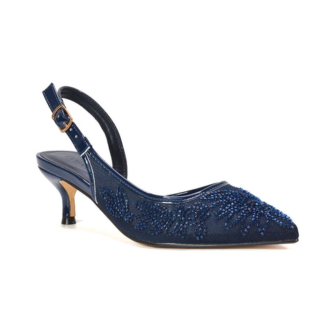 navy embroidered slingback shoes for women, navy kitten heel dress shoes, navy pointed toe low heel pumps, navy floral embroidered heels