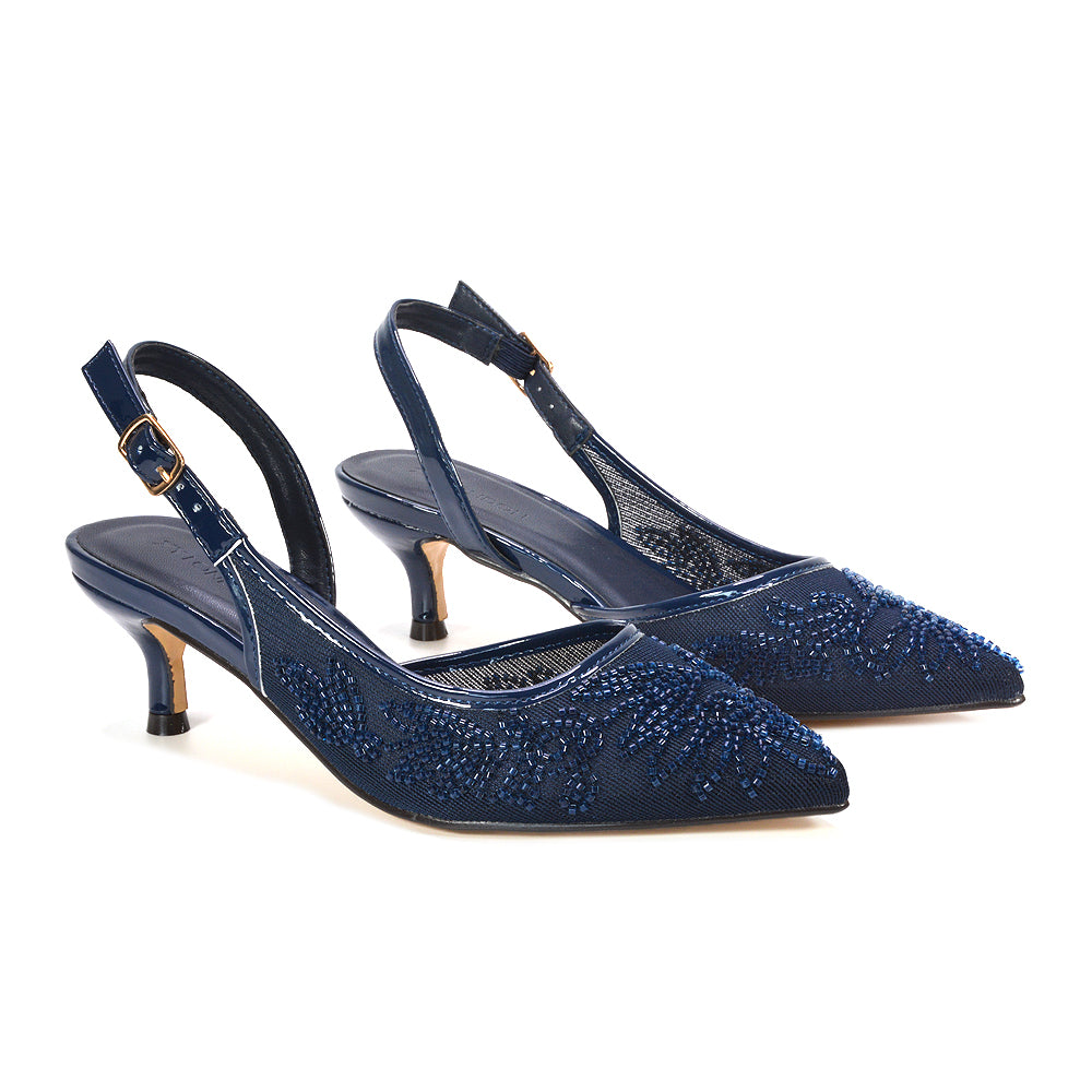 navy elegant slingback pumps, navy dressy kitten heel shoes, navy formal slingback heels, navy closed toe dress pumps