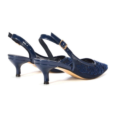 navy embroidered evening shoes, navy wedding guest heels, navy slingback shoes, navy comfortable low heels