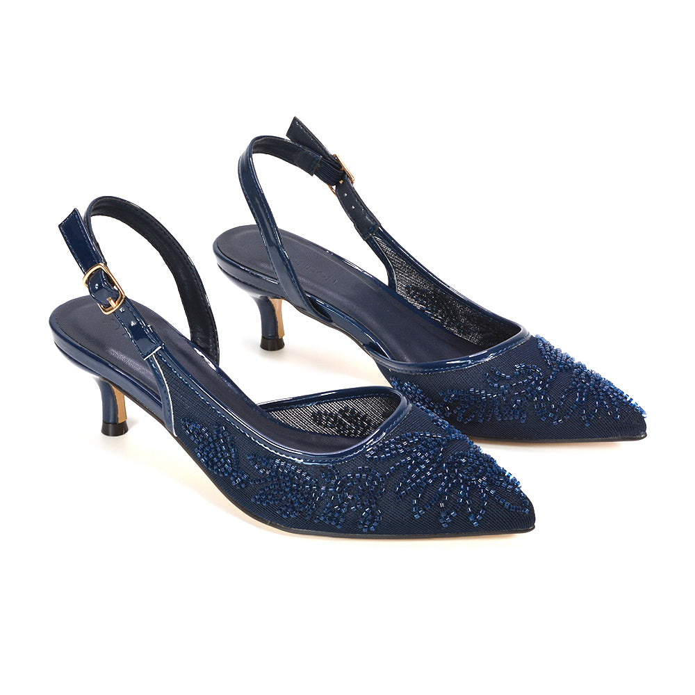 navy embroidered court shoes, navy classic dress heels, navy slingback shoes for special occasions, navy comfortable occasion heels