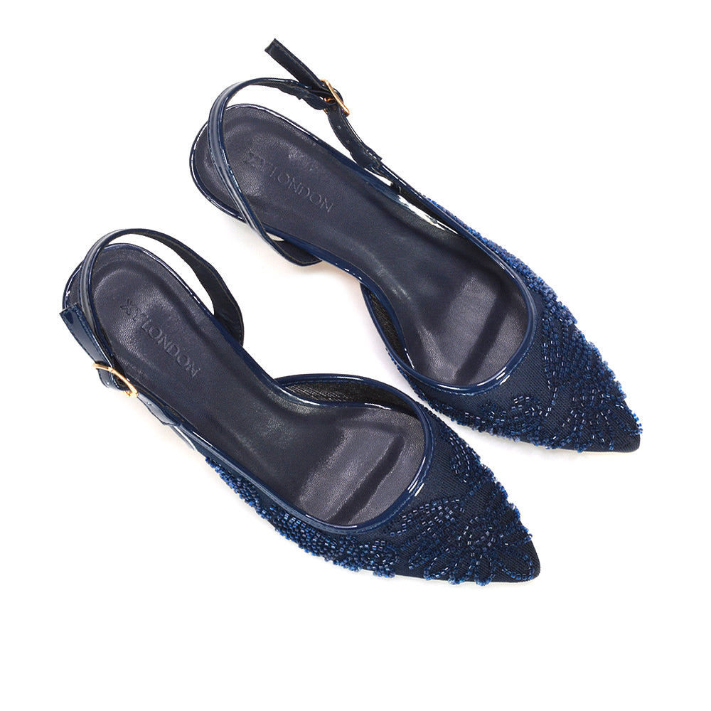 navy pointed toe evening heels, navy classic slingback heels, navy embroidered fashion heels, navy wedding guest shoes