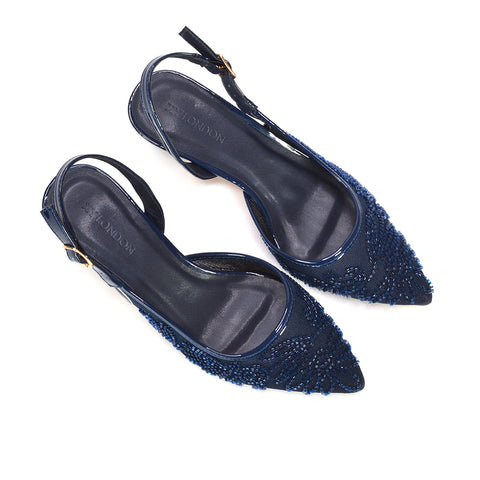navy pointed toe evening heels, navy classic slingback heels, navy embroidered fashion heels, navy wedding guest shoes