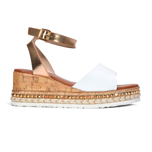Dione Strappy Wedge Heel Espadrille Platform Sandals in White Synthetic Leather
