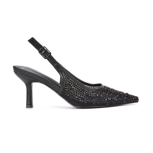 Black rhinestone heels for women with crystal pointed toe and slingback strap