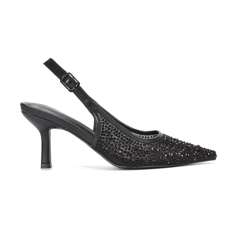 Black rhinestone heels for women with crystal pointed toe and slingback strap