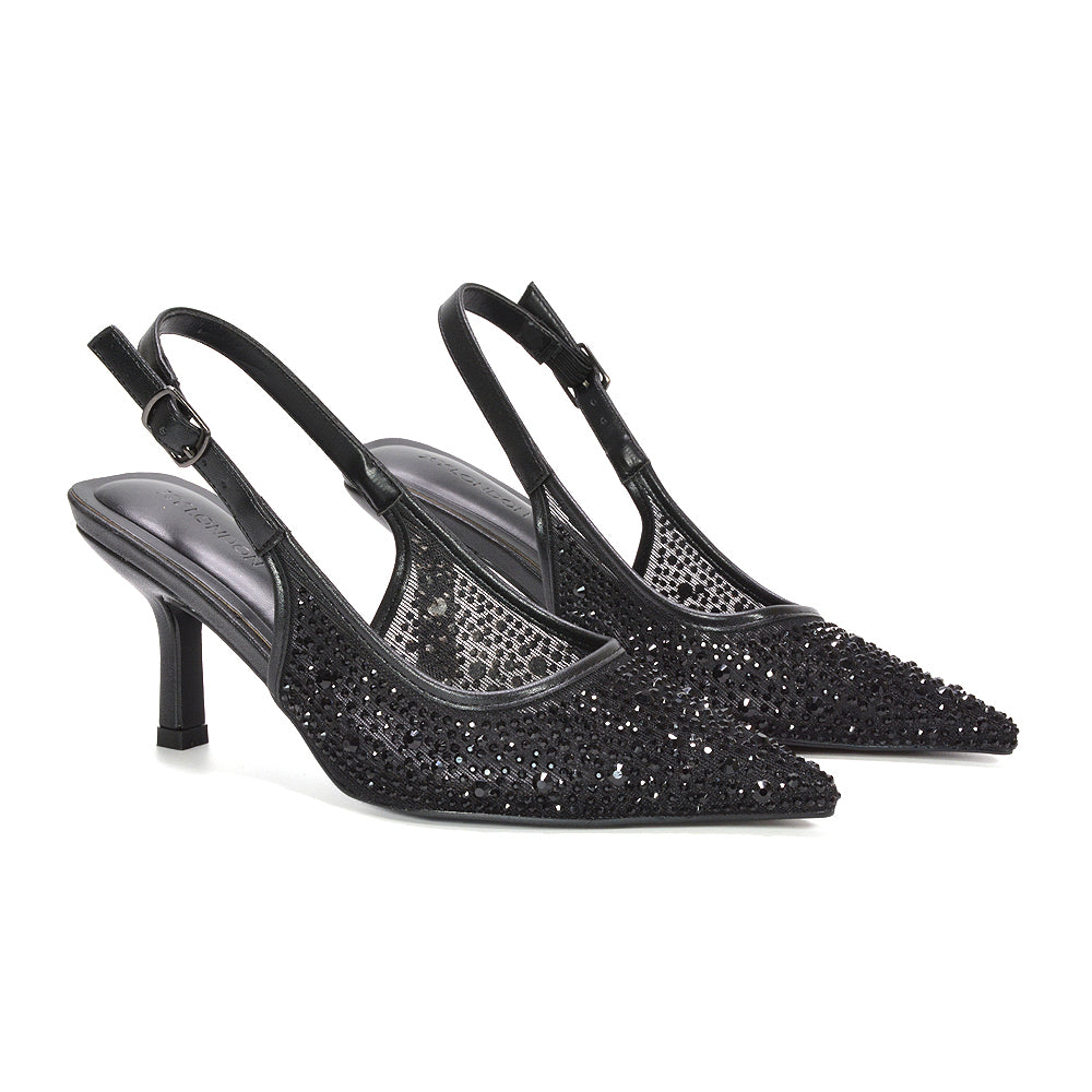 Black sparkly pointed toe heels for women