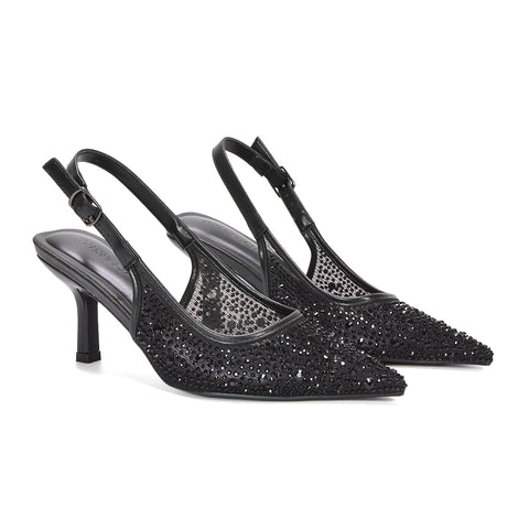 Black sparkly pointed toe heels for women