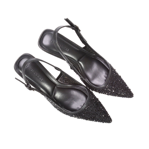 Black rhinestone party heels for women with pointed toe