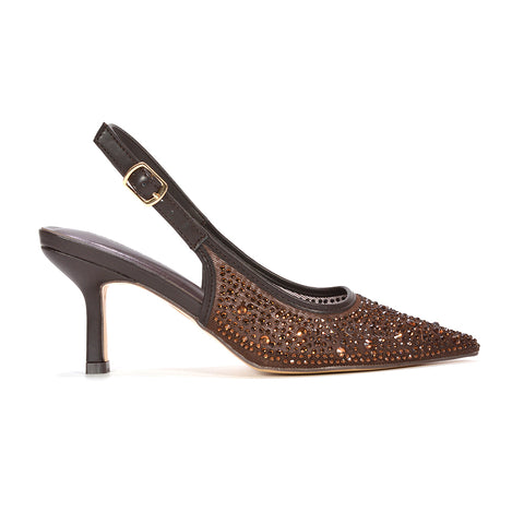Brown sparkly heels for women with pointed closed toe and slingback strap