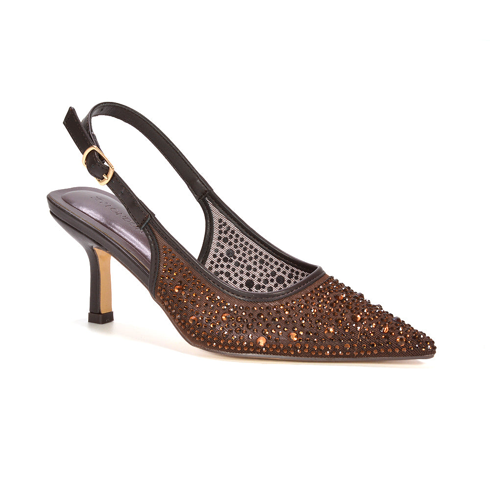Brown closed toe heels with crystal rhinestone embellishment