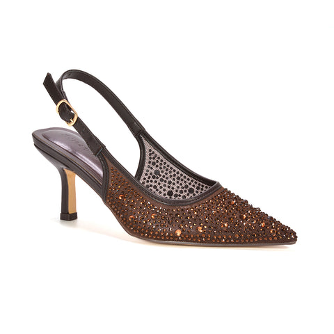 Brown closed toe heels with crystal rhinestone embellishment