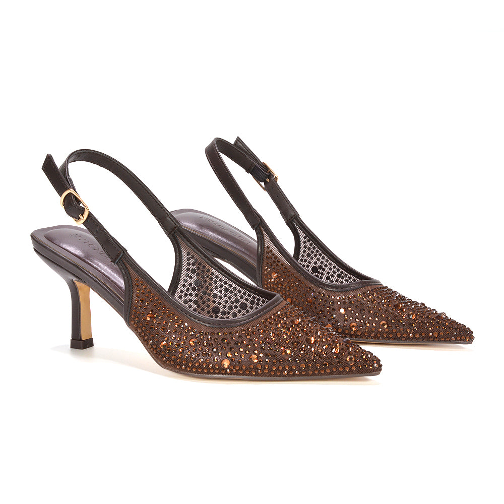 Brown rhinestone slingback heels for women