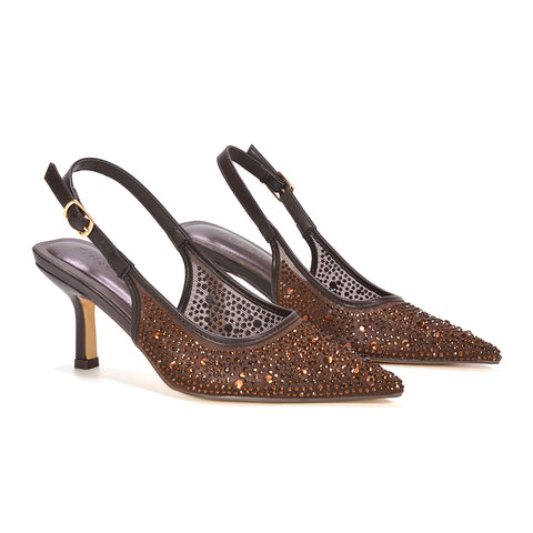 Brown rhinestone slingback heels for women