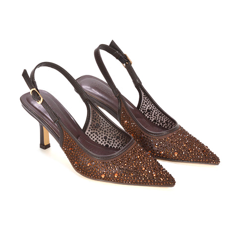 Brown crystal heels for women with closed toe design