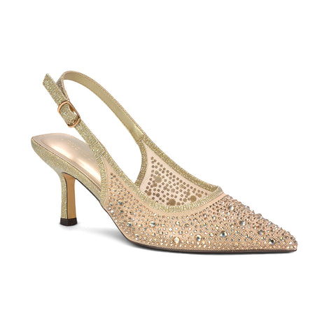 Gold heel with rhinestone embellishment and elegant closed toe design