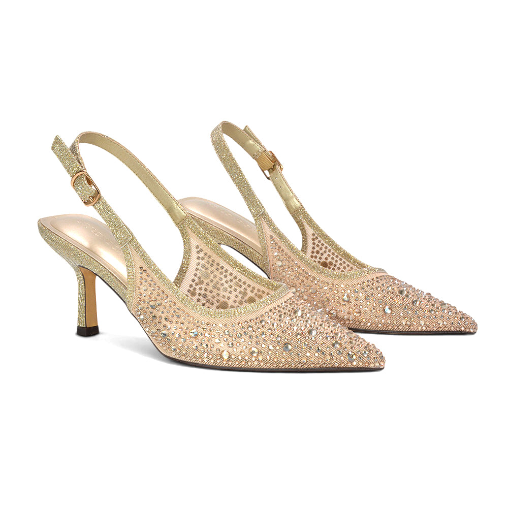 Gold sparkly heels for women with pointed toe slingback design
