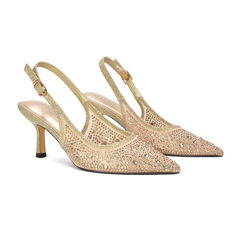 Gold sparkly heels for women with pointed toe slingback design