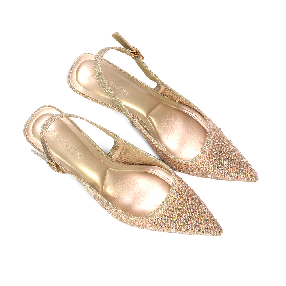 Gold rhinestone slingback heels with pointed closed toe