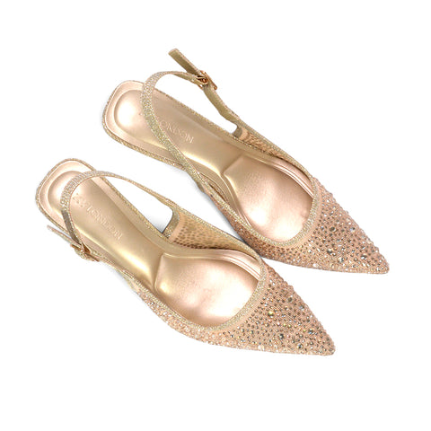 Gold rhinestone slingback heels with pointed closed toe