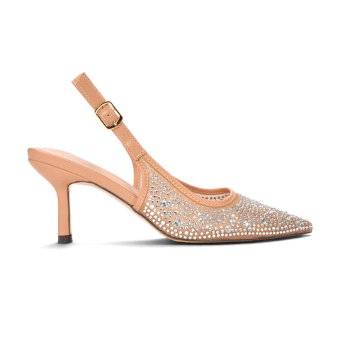 Nude heels for women with sparkling rhinestone embellishment and pointed toe