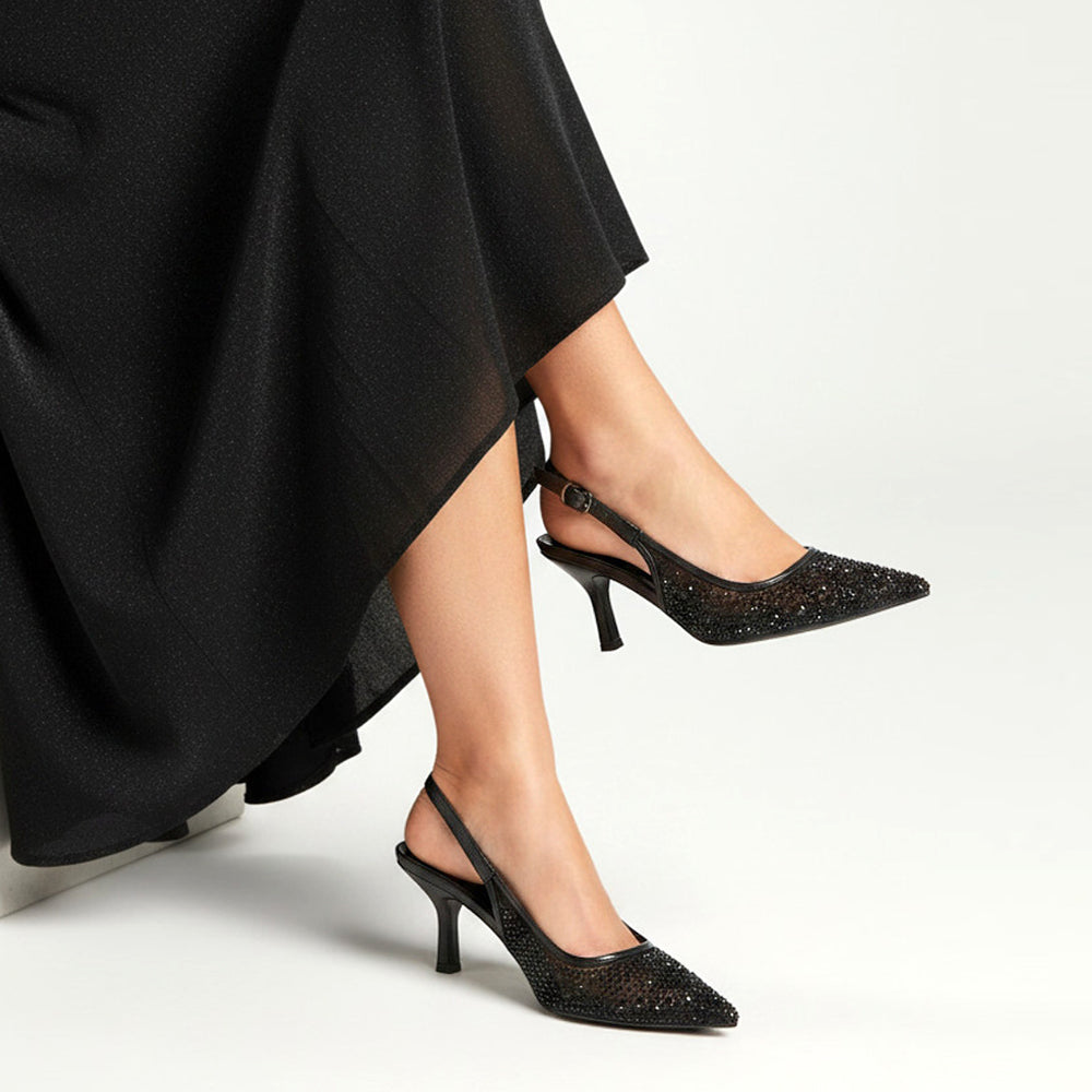 Black crystal rhinestone pointed toe slingback heels for women