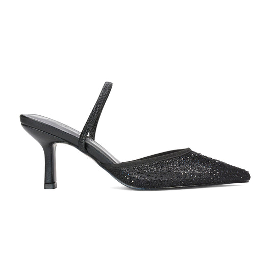 black slip on heels, slip on heels, rhinestone slingback heels, women’s rhinestone mesh slingback court shoes
