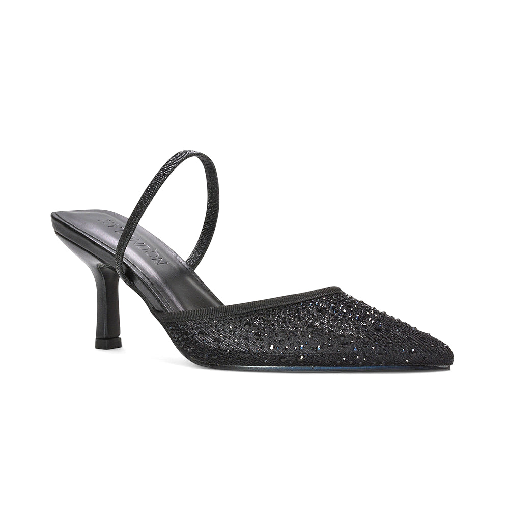 black crystal embellished footwear, stylish black rhinestone heels, black closed toe court shoes, black bridal reception heels, black party heels for women UK, black rhinestone court shoes