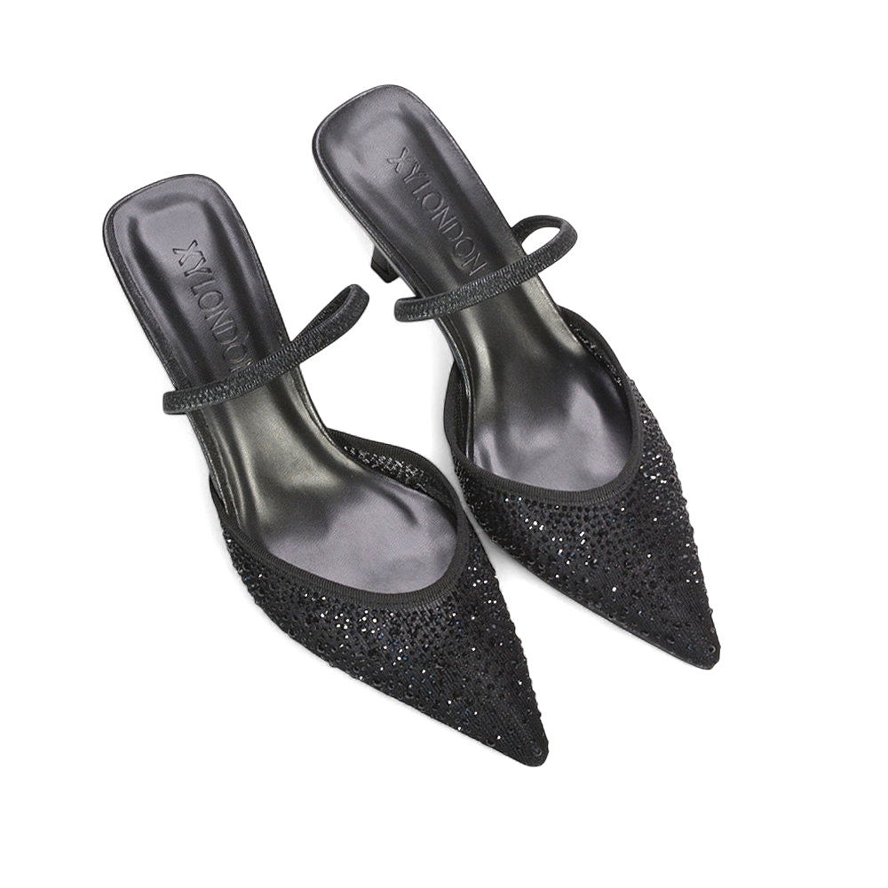 sparkling black high heels, black pointed toe heels for formal events, black sparkling stilettos, black Christmas party heels, black glamour heels for women