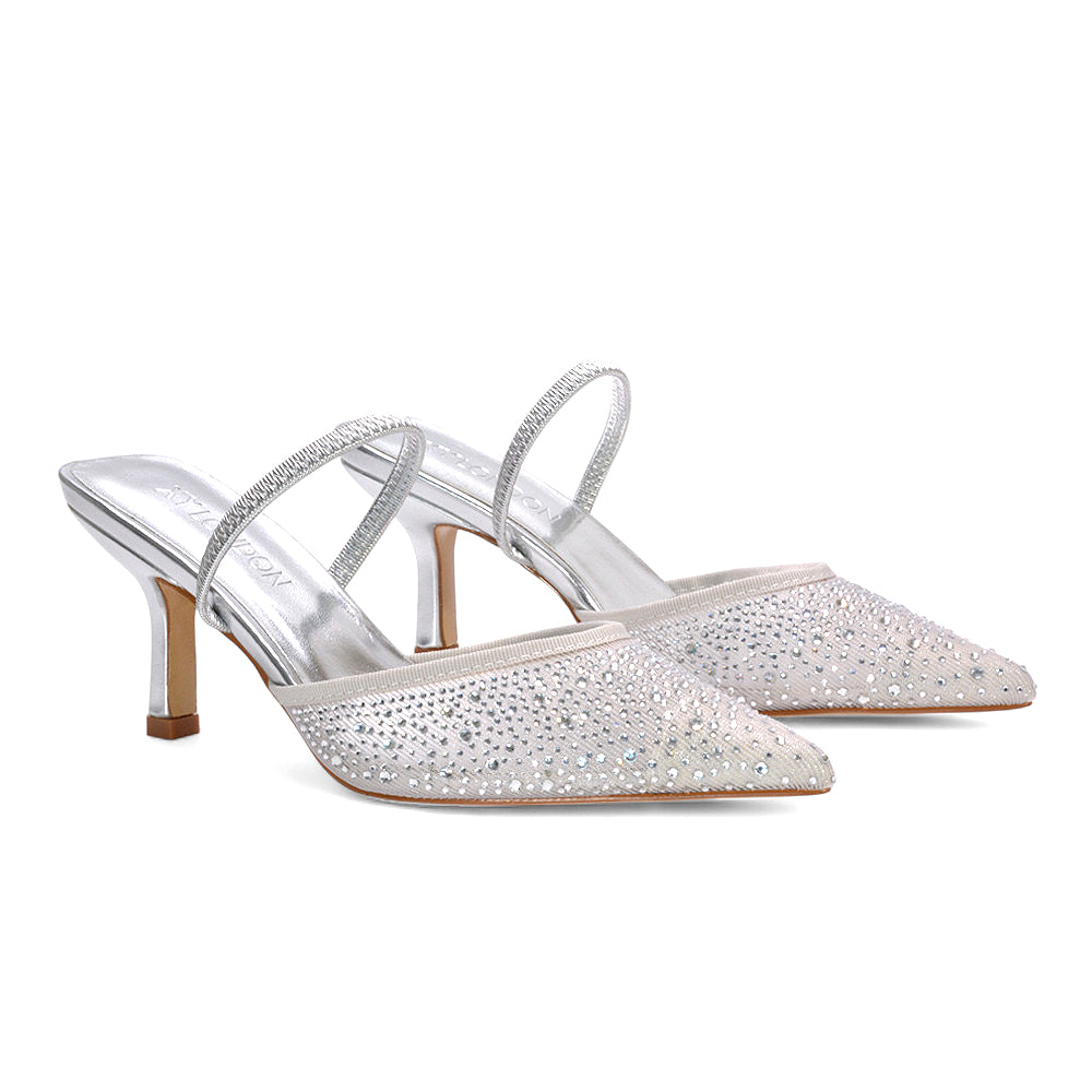 metallic silver high heels, silver bridesmaid heels, crystal embellished stilettos, women's silver court shoes