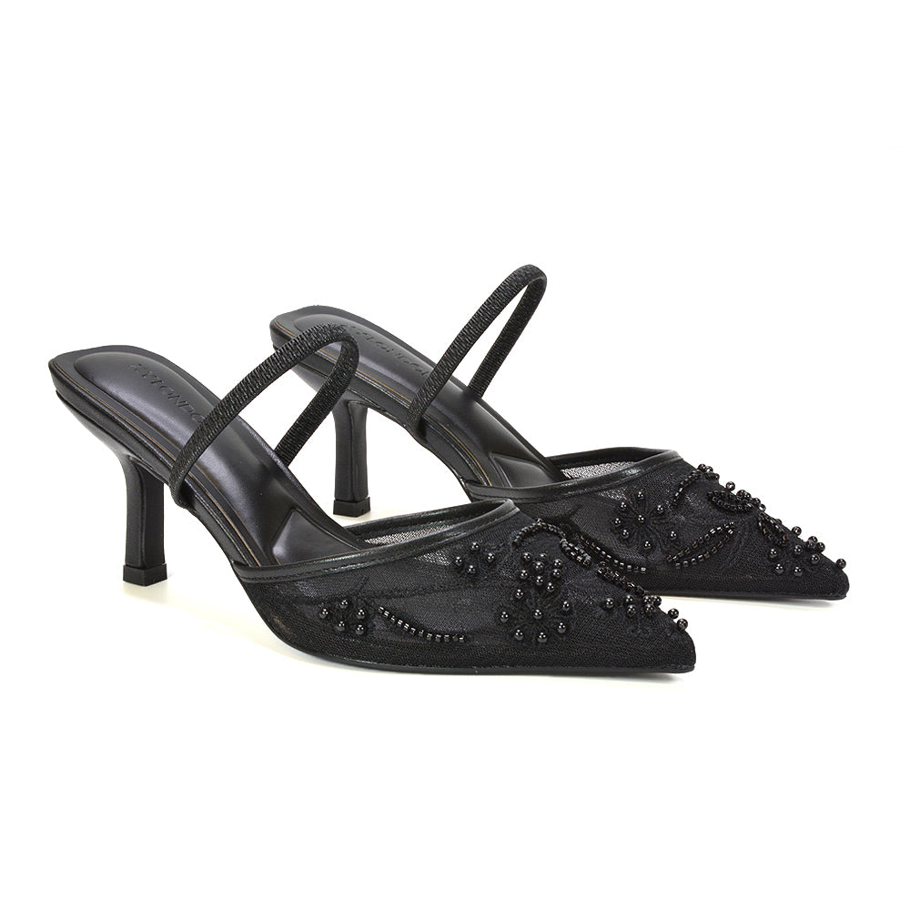 black pointed toe pumps, embroidered mesh heels black, black pumps