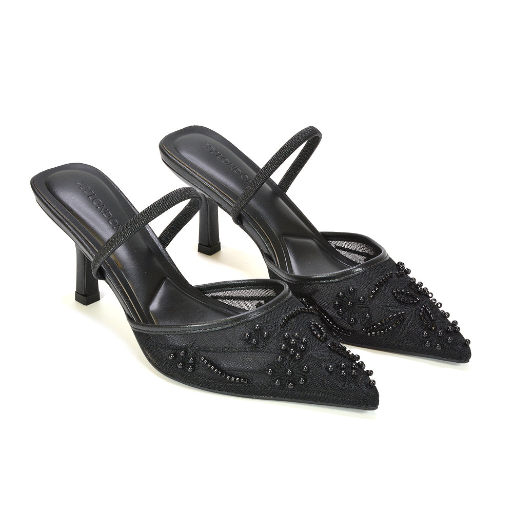 black stiletto heels, black party heels, floral embroidered black shoes, black prom shoes, black pointed toe heels for formal occasions