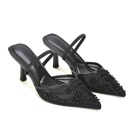 black stiletto heels, black party heels, floral embroidered black shoes, black prom shoes, black pointed toe heels for formal occasions