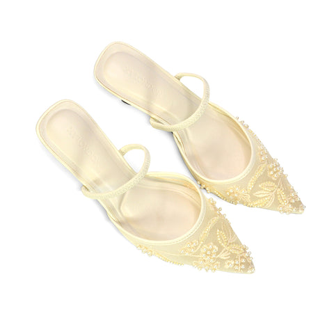 Naya Embroidered Court Shoes Slingback Pointed Toe Mid Stiletto Heels in Champagne