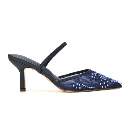 Navy embroidered court shoes, Women's navy embroidered slingback court shoes, Buy navy embroidered court shoes online