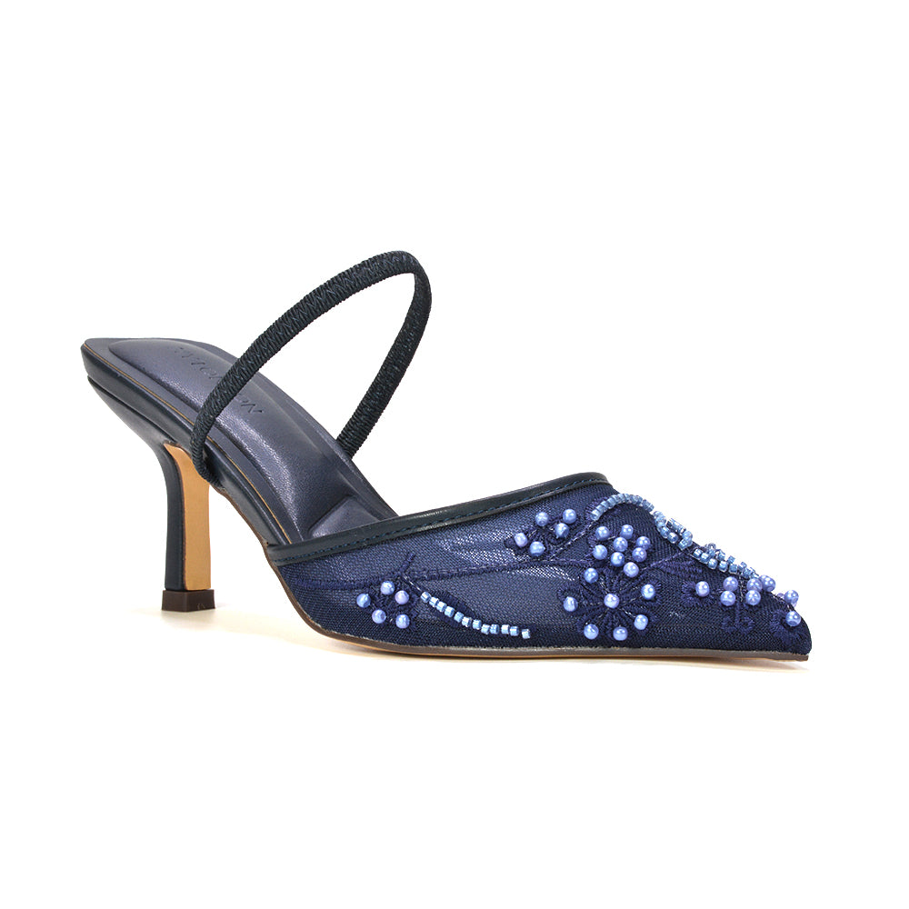 Navy slingback heels for wedding guests, Navy pointed toe mid stiletto heels for women, Navy slingback heels