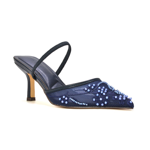 Navy slingback heels for wedding guests, Navy pointed toe mid stiletto heels for women, Navy slingback heels