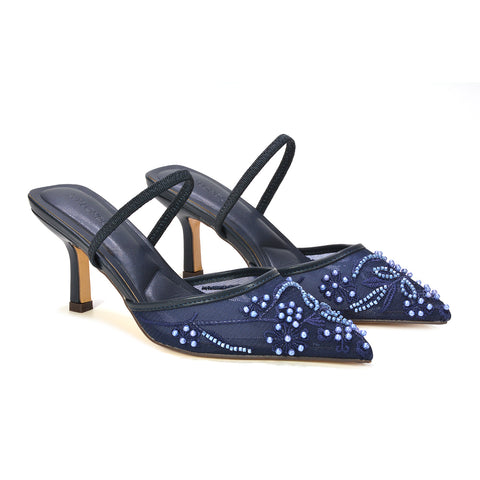 Navy pointed toe heels, Elegant navy embroidered heels for weddings, Women's navy embroidered heels sale