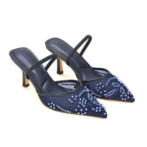 Navy embroidered pumps, Women's navy court shoes for special occasions, Elegant navy occasion shoes for women