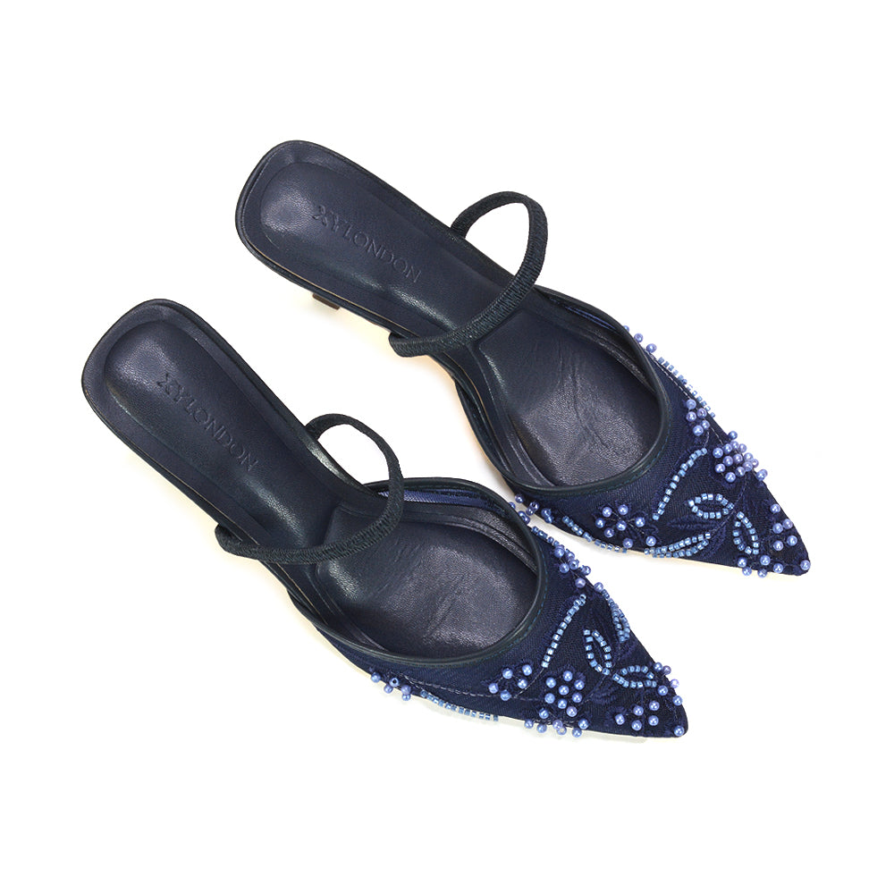 Navy formal heels with embroidery, Navy embroidered pointed toe heels for parties, Comfortable navy mid stiletto slingback shoes