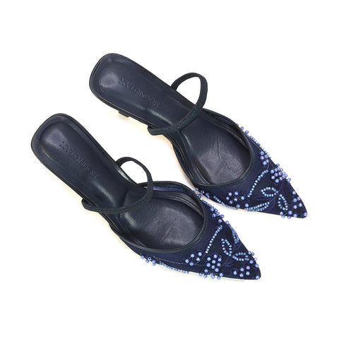 Navy formal heels with embroidery, Navy embroidered pointed toe heels for parties, Comfortable navy mid stiletto slingback shoes