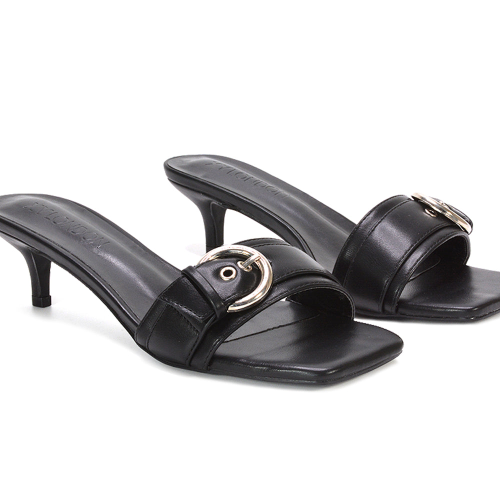 black buckle mule heels, women's black heels, buckle mule heels, women's heels