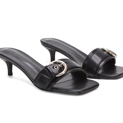 black buckle mule heels, women's black heels, buckle mule heels, women's heels